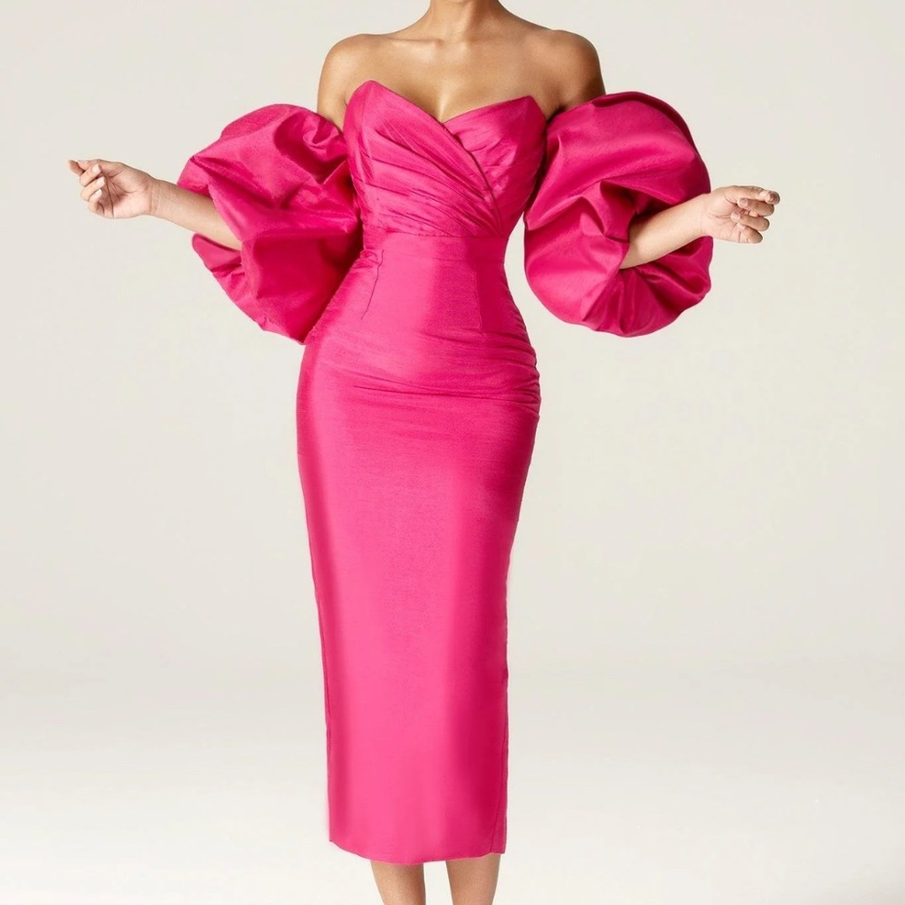 TIFFANY DUPIONI PUFF SLEEVE MAXI DRESS (HOT PINK)